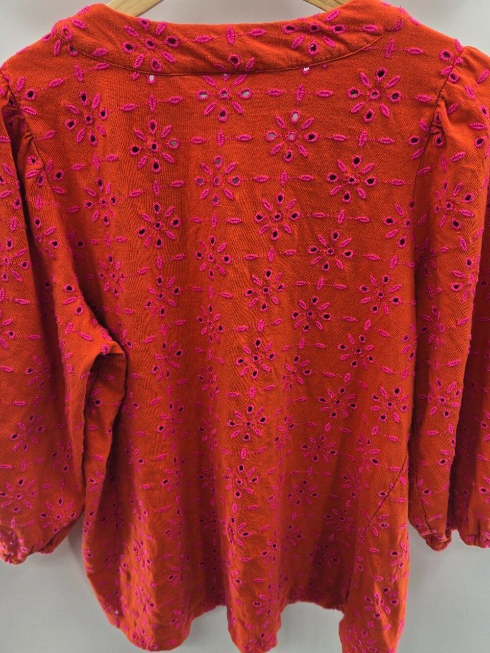 J. Jill Orange Pink Embroidered Eyelet Balloon Sleeve Tunic Blouse Top Small - Picture 2 of 13